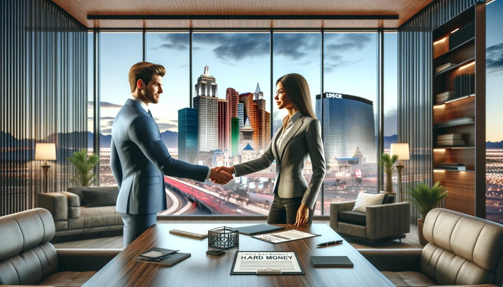 a loan officer or a realtor and investor handshake in a Las Vegas office.