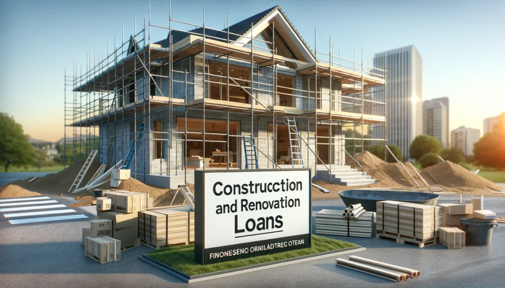 Modern home under construction, sign for construction and renovation loans in view.