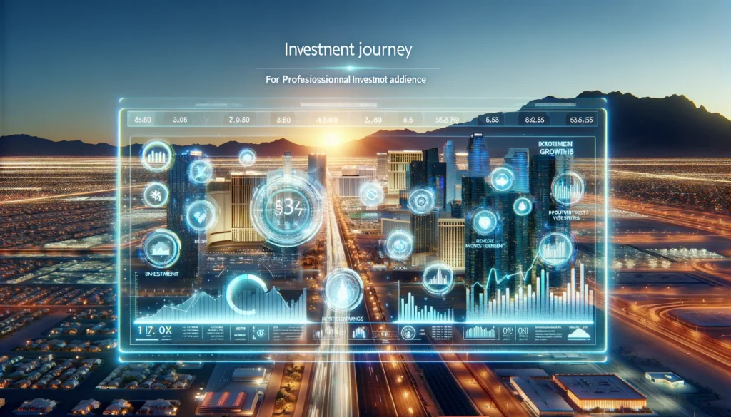 DSCR Loans - A bright financial dashboard with holographic displays in front of the Las Vegas skyline.